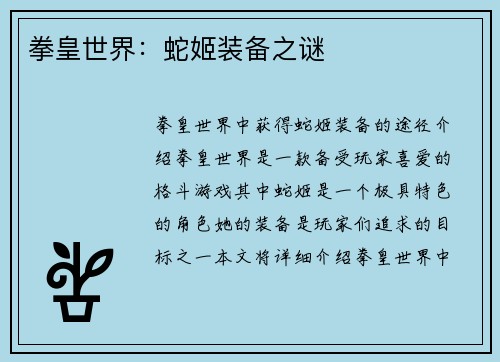 拳皇世界：蛇姬装备之谜